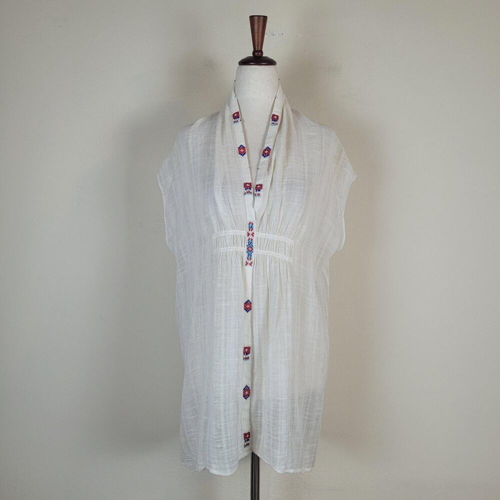 Johnny Was Blouse Medium Cream Beaded V-Neck Sleeveless Gauze Tunic Sheer Boho